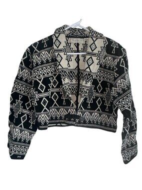 VTG 90s Flashback Womens Cropped Aztec Jacket Sz M Black Cream Boho Tapestry
